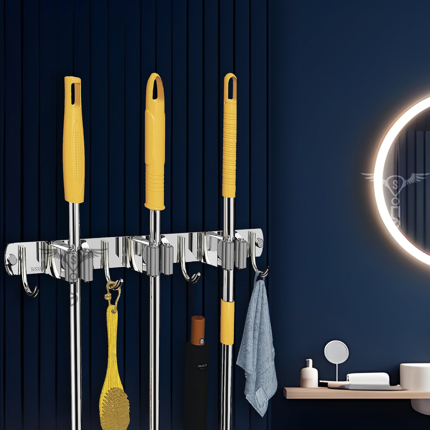 Stainless Steel 3 Racks with 4 Hooks Wall Mounted Broom and Mop Stick Holder, Hanging Tools for Home Kitchen Garden Laundry Garage (Silver)