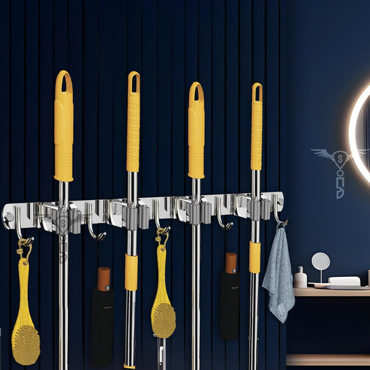 tainless Steel 4 Racks with 5 Hooks Wall Mounted Broom and Mop Stick Holder, Hanging Tools for Home Kitchen Garden Laundry Garage (Silver)