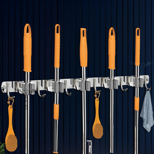Stainless Steel 5 Racks with 6 Hooks Wall Mounted Broom and Mop Stick Holder, Hanging Tools for Home Kitchen Garden Laundry Garage (Silver)