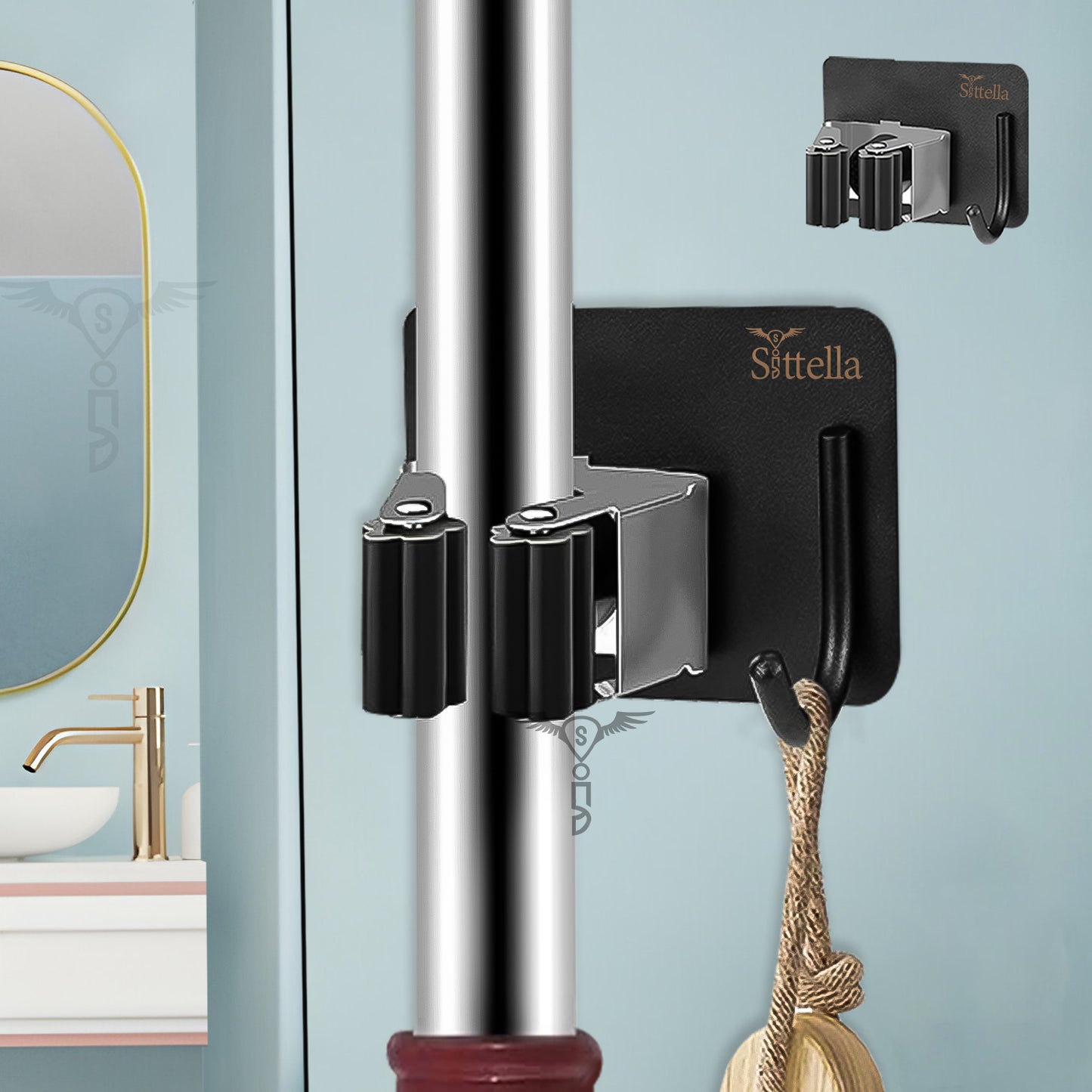 Stainless Steel 1 Rack with 1 Hook Heavy Duty Wall Mounted Broom and Mop Stick Holder, Hanging Tools for Home Kitchen Garden Laundry Garage (Silver)