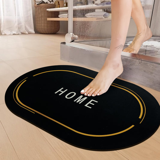 Anti-Skid Water Soaking Oval Home Print Rubber Mat, Water Absorbent Mat (40x60cm) (Black)