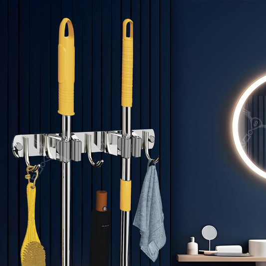 Stainless Steel 2 Racks with 3 Hooks Wall Mounted Broom and Mop Stick Holder, Hanging Tools for Home Kitchen Garden Laundry Garage (Silver)