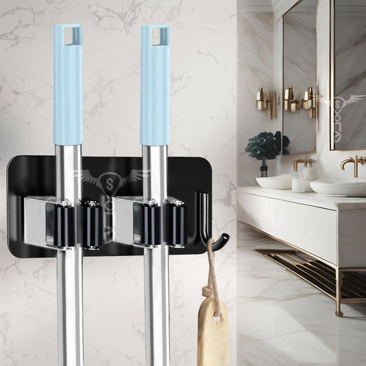 Self Adhesive Stainless Steel 2 Racks with 1 Hook Heavy Duty Wall Mounted Broom and Mop Stick Holder, for Home Kitchen Garden Laundry Garage (Black)