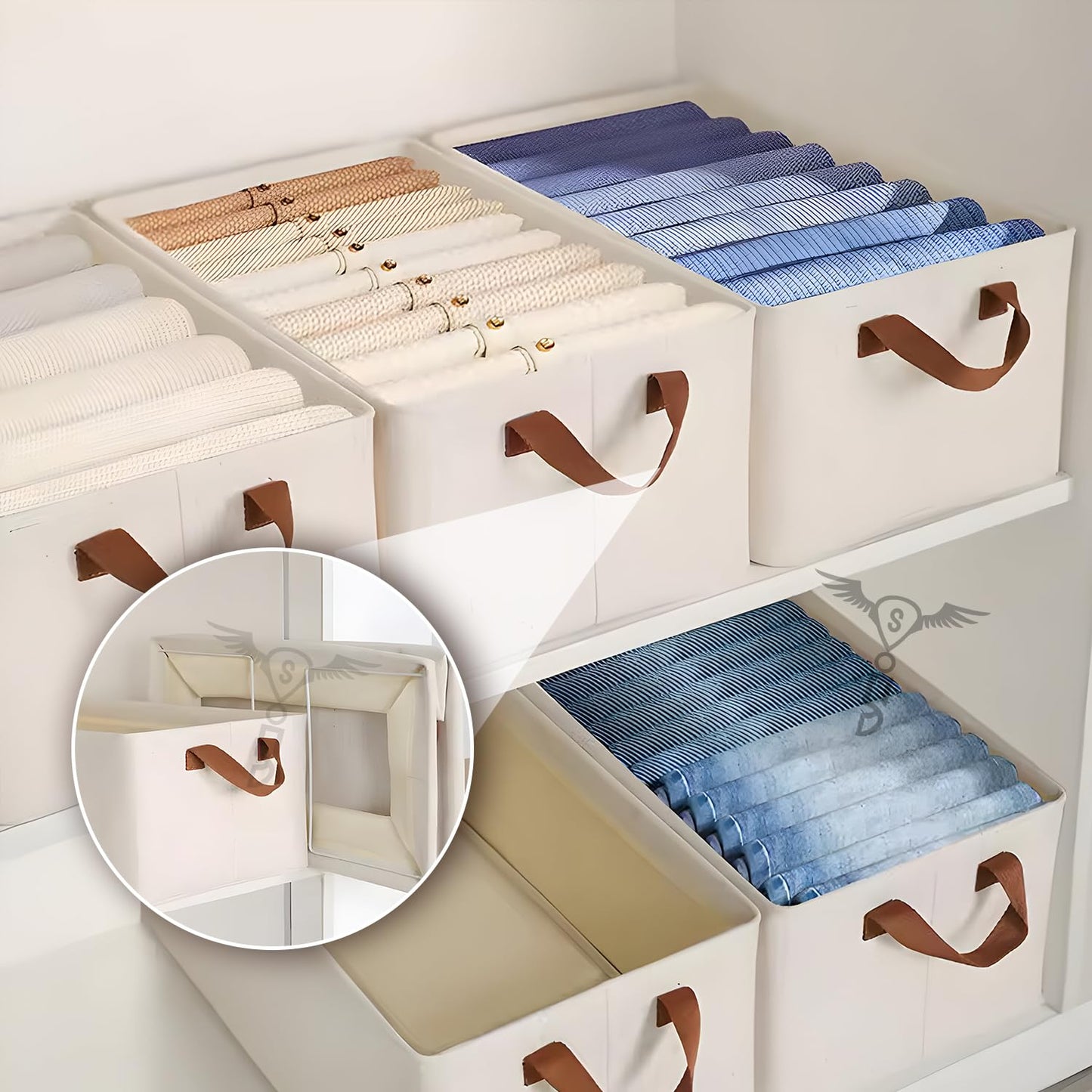 Foldable Wardrobe Organizer with Durable Handle, Stuff Storage Box Closet Drawer Organizers for Clothes, Toys, Books, Blanket etc. (White)