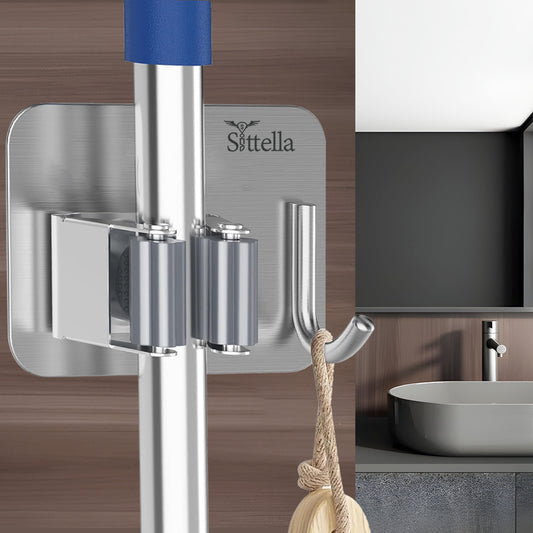 Stainless Steel 1 Rack with 1 Hook Heavy Duty Wall Mounted Broom and Mop Stick Holder, Hanging Tools for Home Kitchen Garden Laundry Garage (Silver)