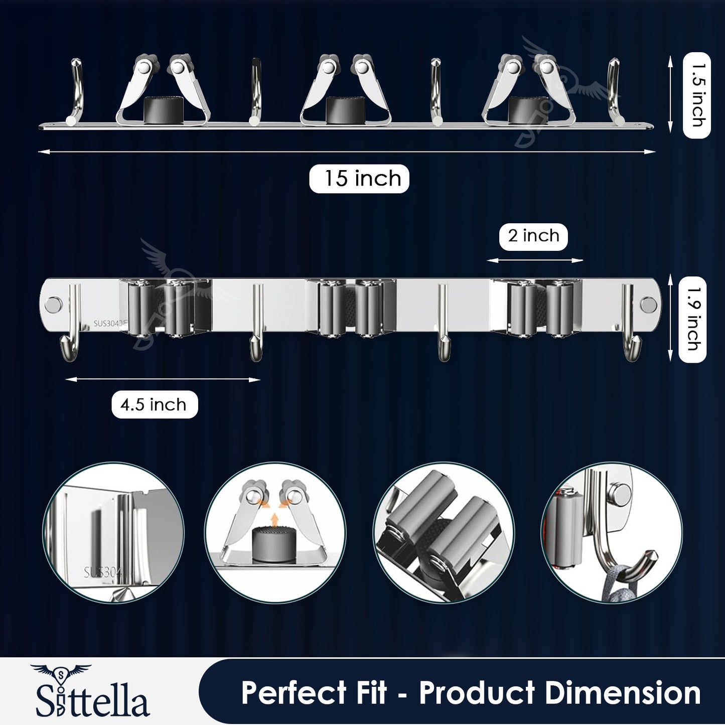 Stainless Steel 3 Racks with 4 Hooks Wall Mounted Broom and Mop Stick Holder, Hanging Tools for Home Kitchen Garden Laundry Garage (Silver)