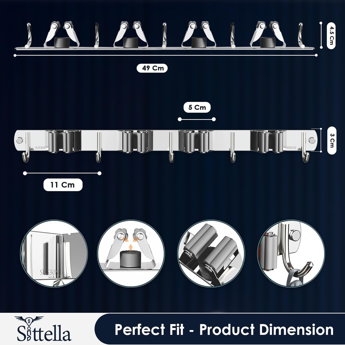 tainless Steel 4 Racks with 5 Hooks Wall Mounted Broom and Mop Stick Holder, Hanging Tools for Home Kitchen Garden Laundry Garage (Silver)