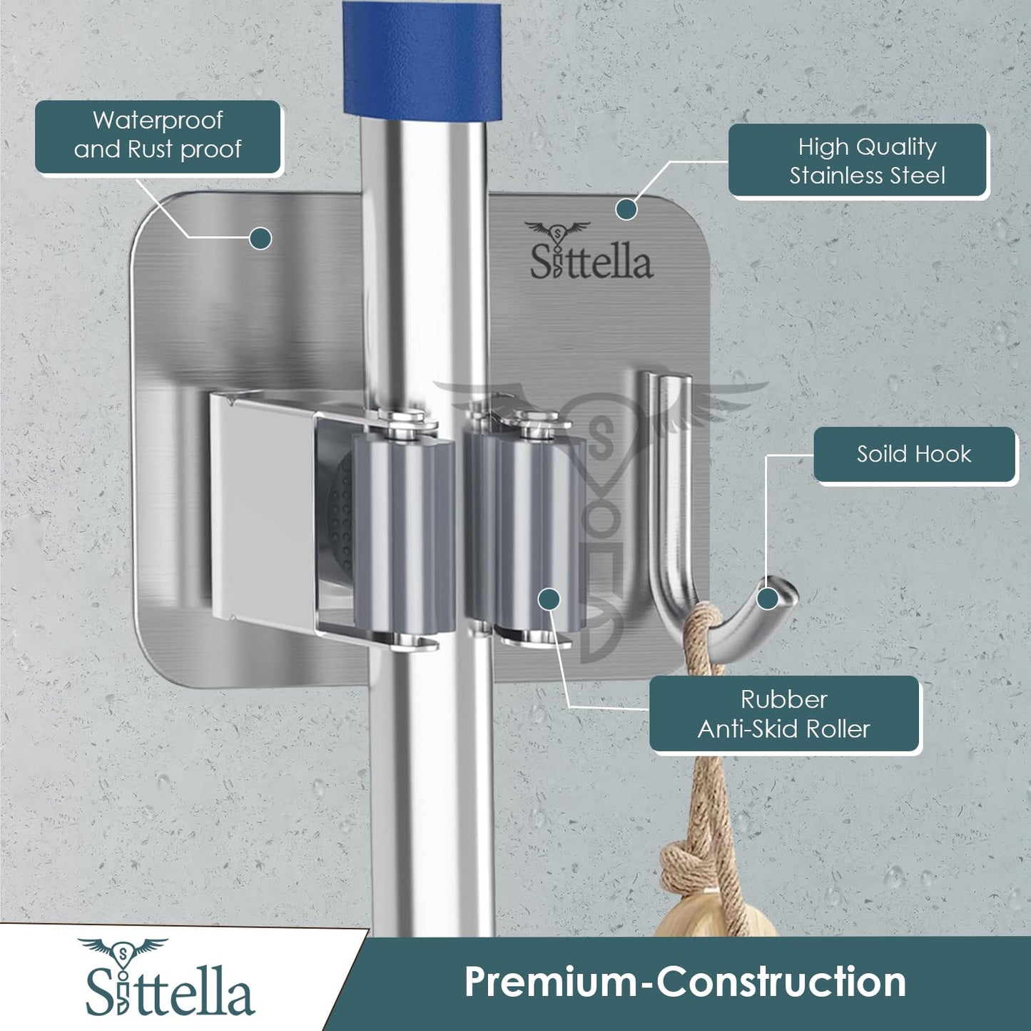 Stainless Steel 1 Rack with 1 Hook Heavy Duty Wall Mounted Broom and Mop Stick Holder, Hanging Tools for Home Kitchen Garden Laundry Garage (Silver)