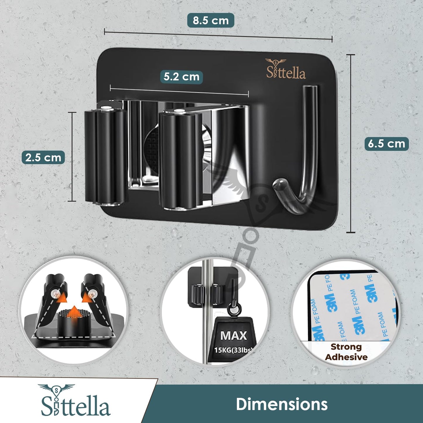 Stainless Steel 1 Rack with 1 Hook Heavy Duty Wall Mounted Broom and Mop Stick Holder, Hanging Tools for Home Kitchen Garden Laundry Garage (Black)