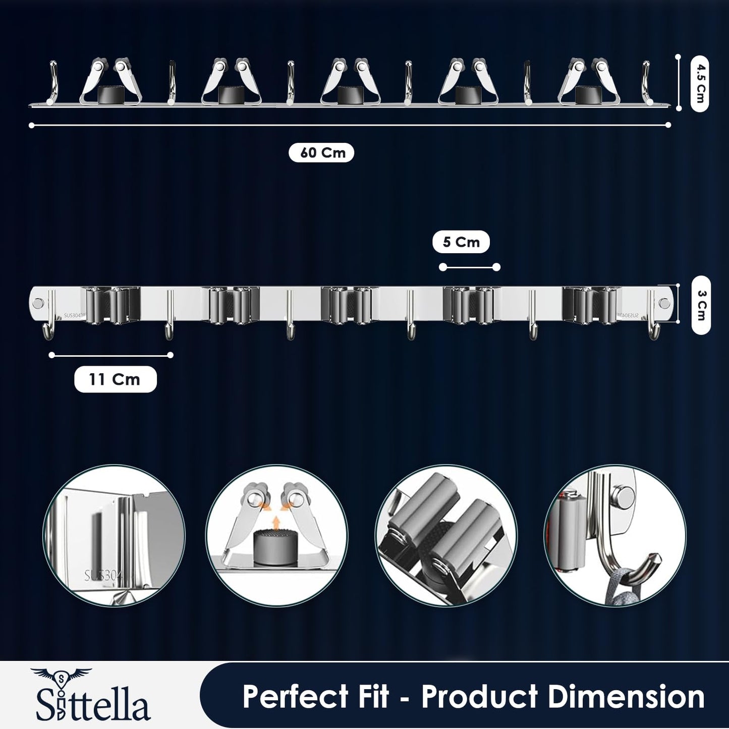 Stainless Steel 5 Racks with 6 Hooks Wall Mounted Broom and Mop Stick Holder, Hanging Tools for Home Kitchen Garden Laundry Garage (Silver)