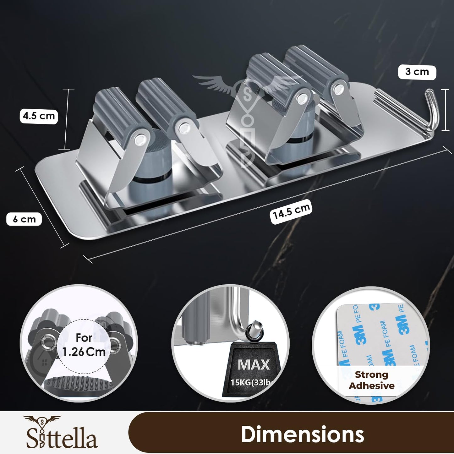 Self Adhesive Stainless Steel 2 Racks with 1 Hook Heavy Duty Wall Mounted Broom and Mop Stick Holder, for Home Kitchen Garden Laundry Garage (Silver)