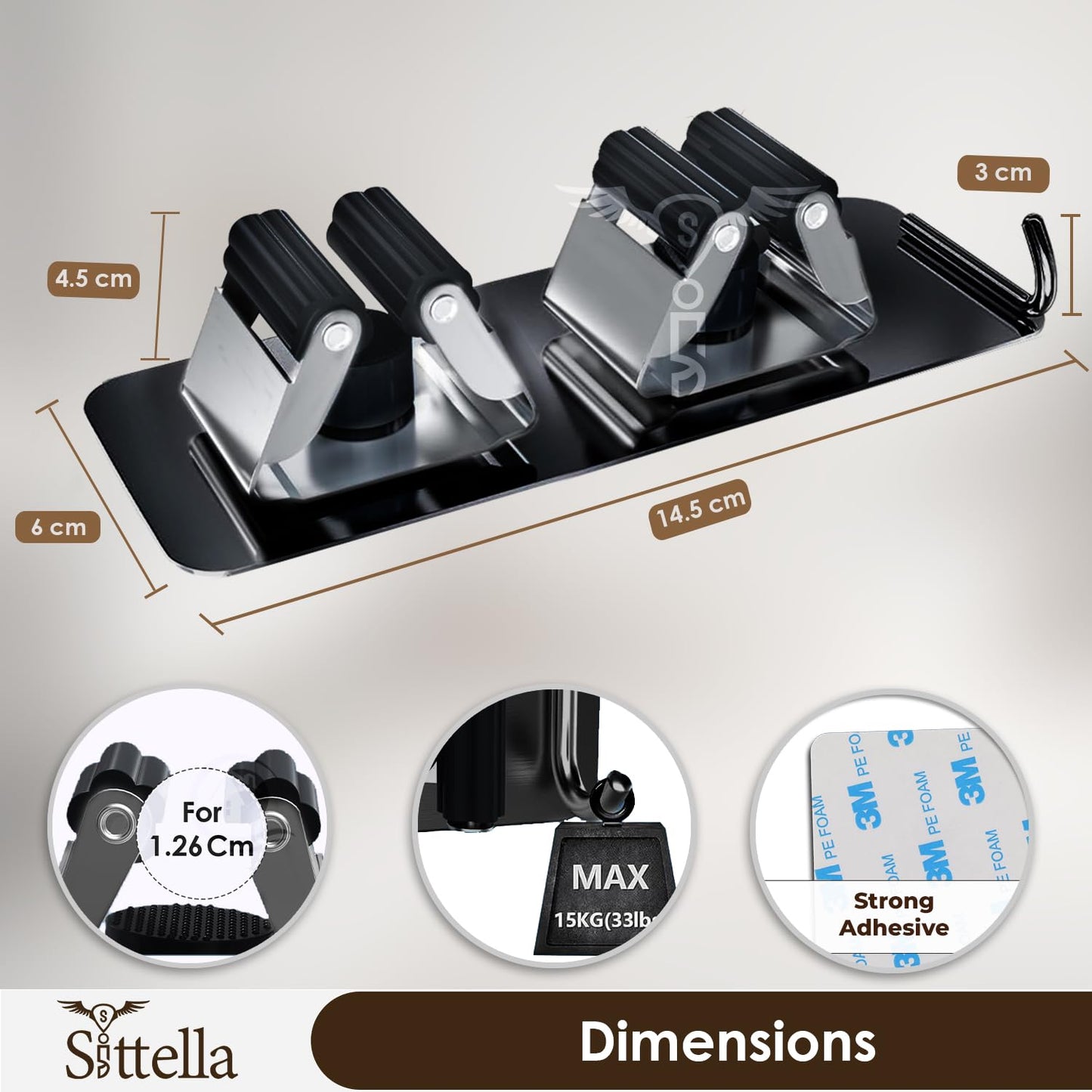 Self Adhesive Stainless Steel 2 Racks with 1 Hook Heavy Duty Wall Mounted Broom and Mop Stick Holder, for Home Kitchen Garden Laundry Garage (Black)