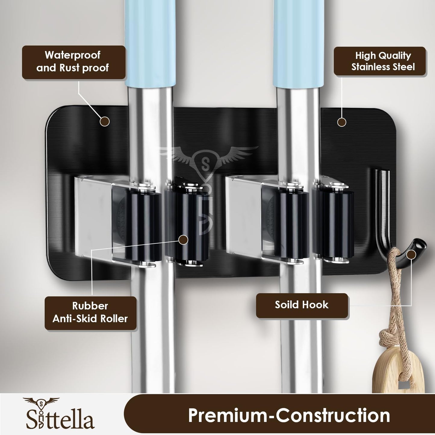 Self Adhesive Stainless Steel 2 Racks with 1 Hook Heavy Duty Wall Mounted Broom and Mop Stick Holder, for Home Kitchen Garden Laundry Garage (Black)