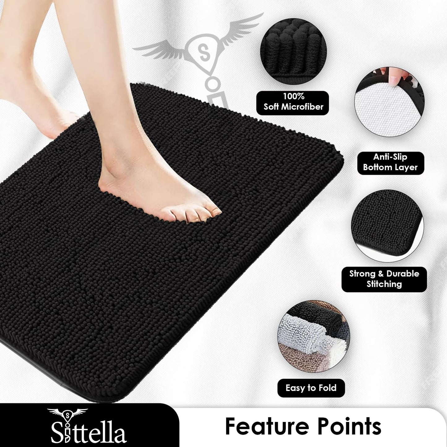Microfiber Bathroom Door Mat Super Soft Anti Slip Floor Mat for Home Kitchen Bedroom (Black - 40 x 60 cm)