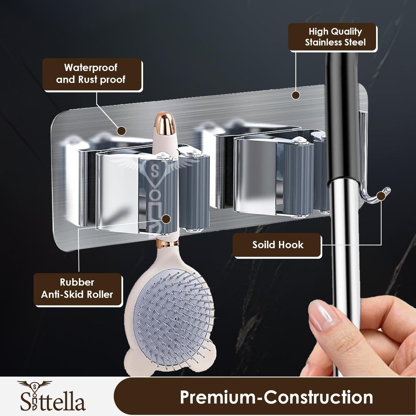 Self Adhesive Stainless Steel 2 Racks with 1 Hook Heavy Duty Wall Mounted Broom and Mop Stick Holder, for Home Kitchen Garden Laundry Garage (Silver)