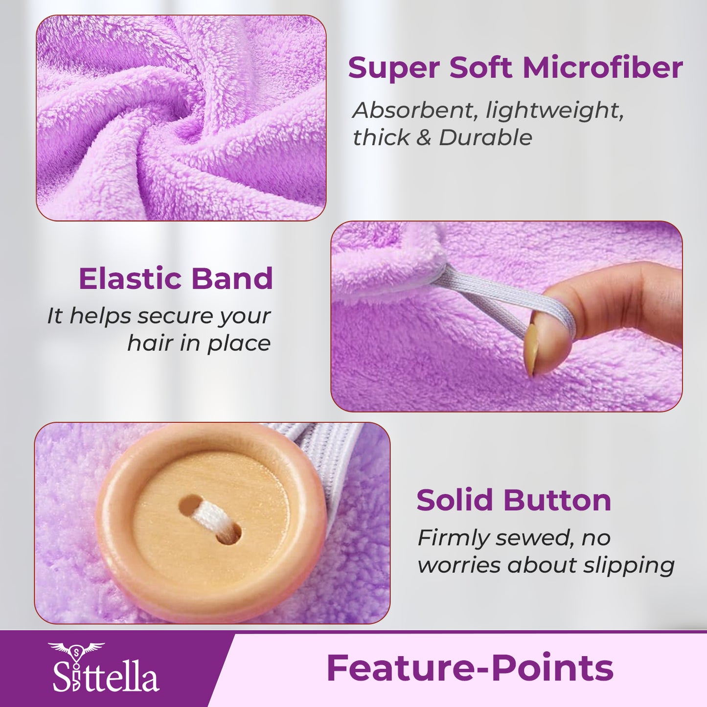 Quick Drying Microfiber Hair Towel Wrap for Women, Super Absorbent with Elastic Loop (Purple)