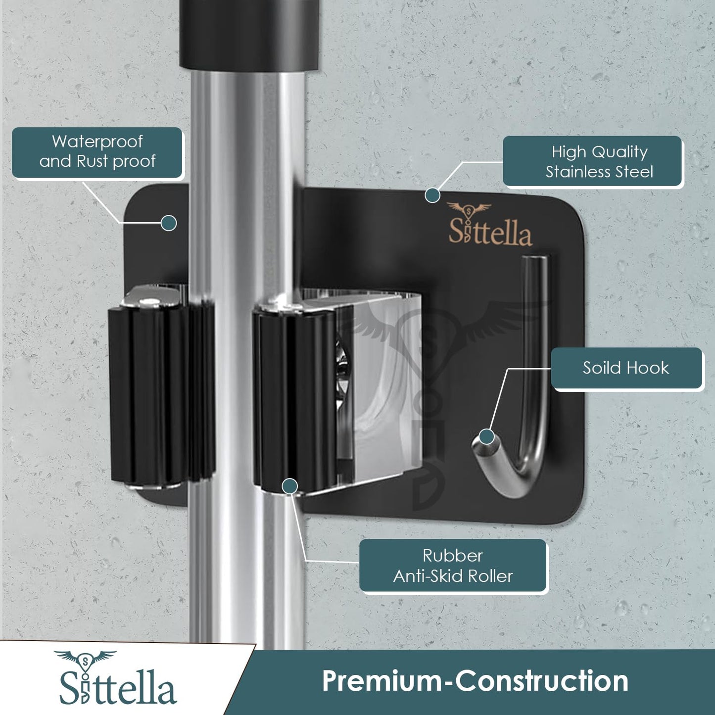 Stainless Steel 1 Rack with 1 Hook Heavy Duty Wall Mounted Broom and Mop Stick Holder, Hanging Tools for Home Kitchen Garden Laundry Garage (Black)