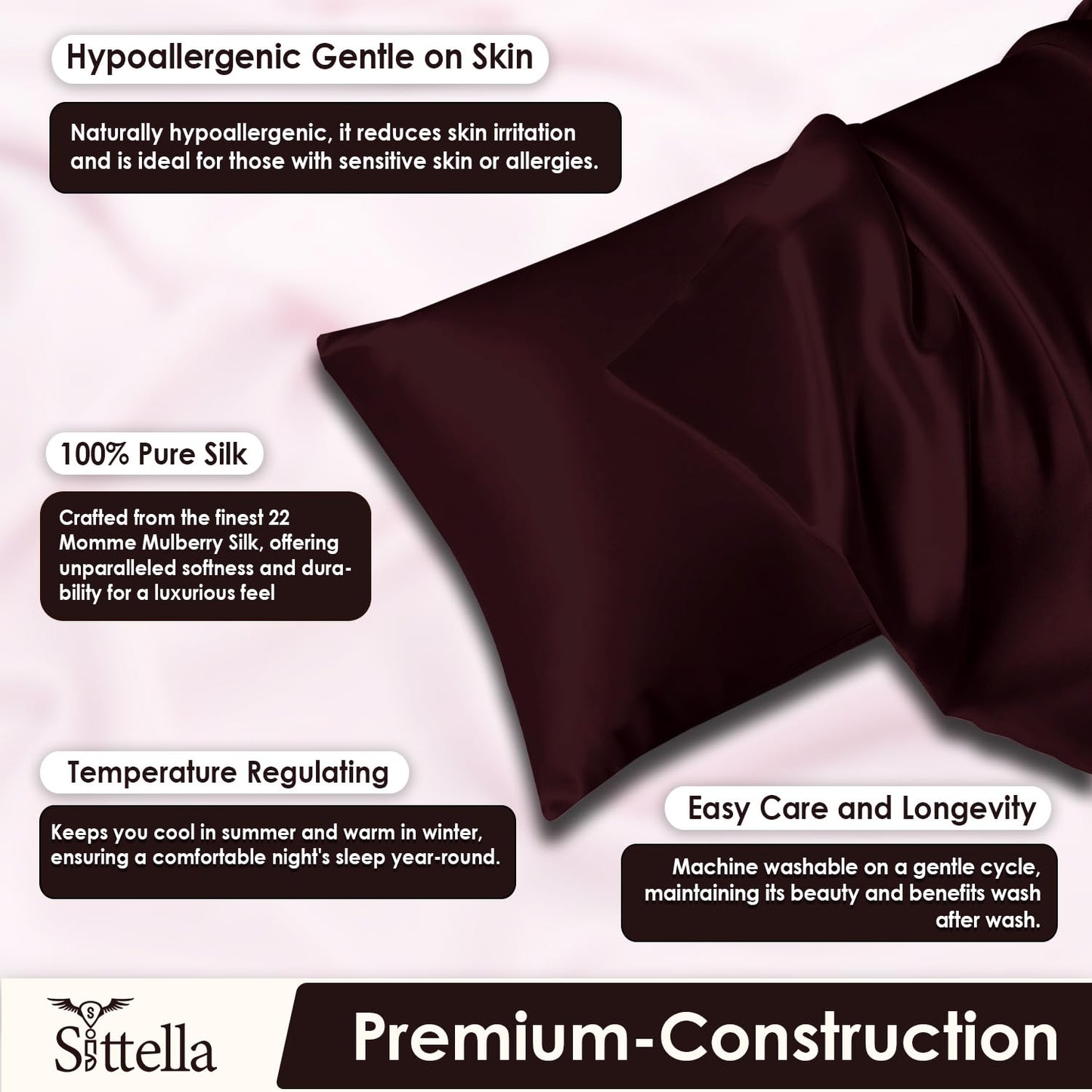 Satin Silk Pillow Covers with 3 Free Scrunchies - Soft & Smooth for Hair & Skin (Brown)