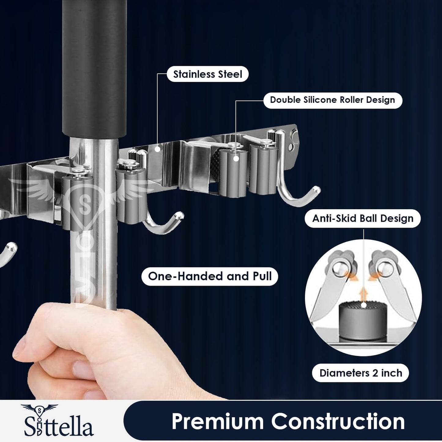 Stainless Steel 5 Racks with 6 Hooks Wall Mounted Broom and Mop Stick Holder, Hanging Tools for Home Kitchen Garden Laundry Garage (Silver)