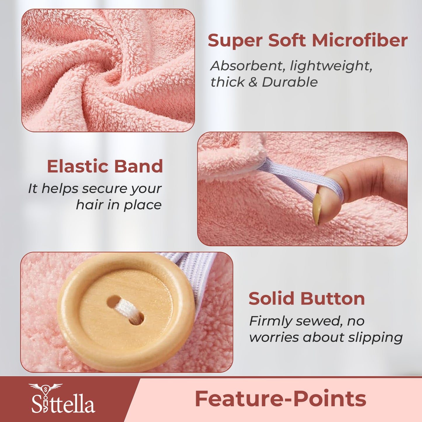 Quick Drying Microfiber Hair Towel Wrap for Women, Super Absorbent with Elastic Loop (Pink)