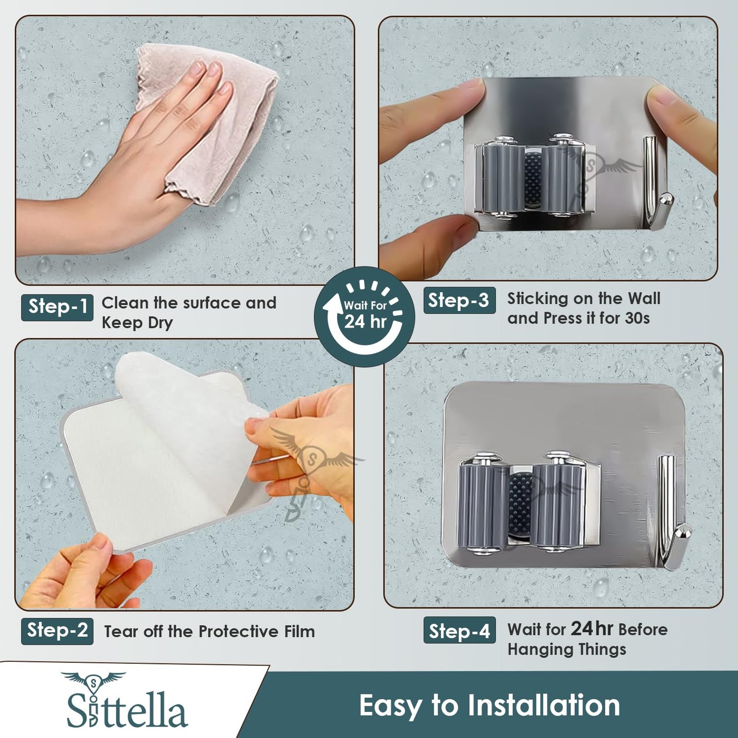 Stainless Steel 1 Rack with 1 Hook Heavy Duty Wall Mounted Broom and Mop Stick Holder, Hanging Tools for Home Kitchen Garden Laundry Garage (Silver)