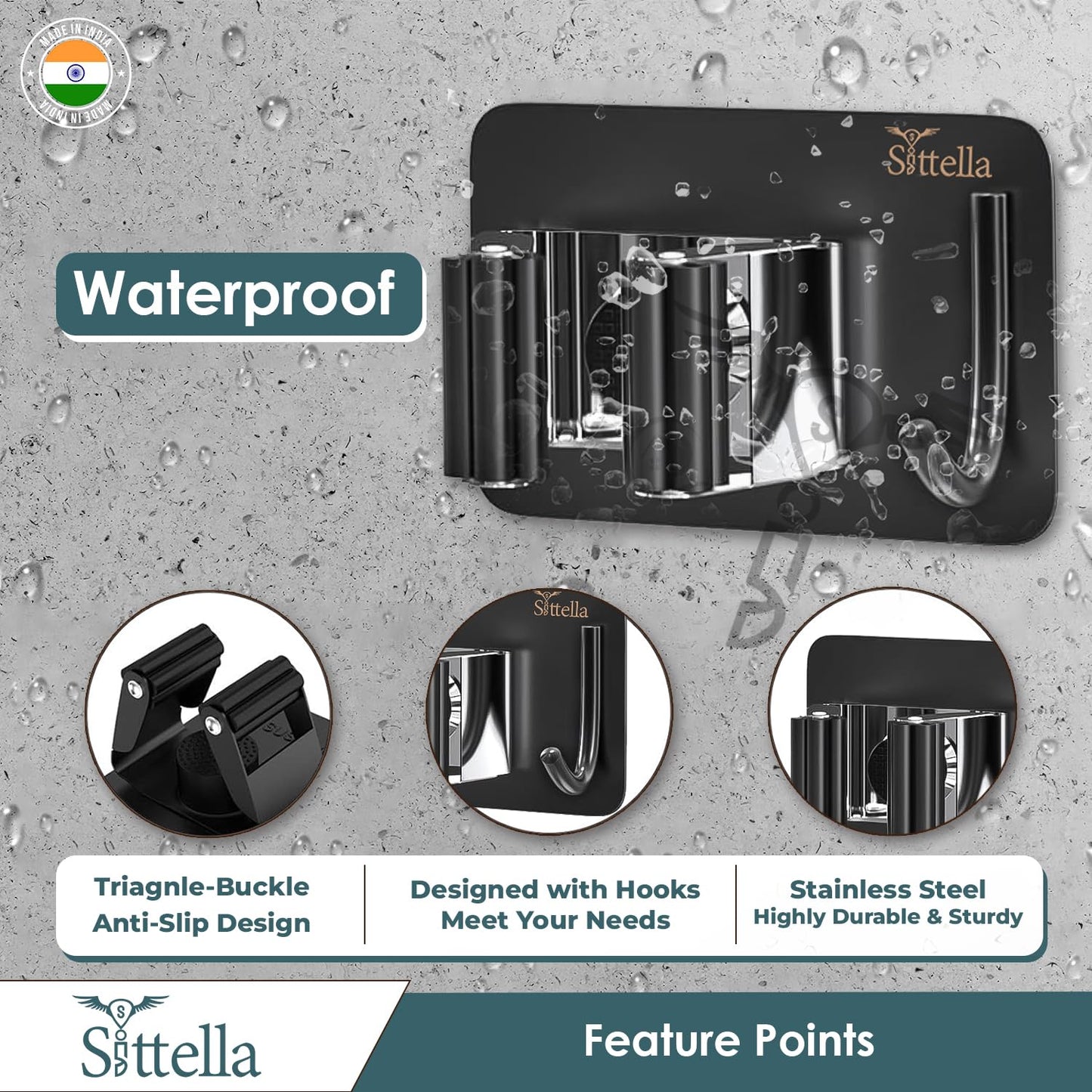 Stainless Steel 1 Rack with 1 Hook Heavy Duty Wall Mounted Broom and Mop Stick Holder, Hanging Tools for Home Kitchen Garden Laundry Garage (Black)