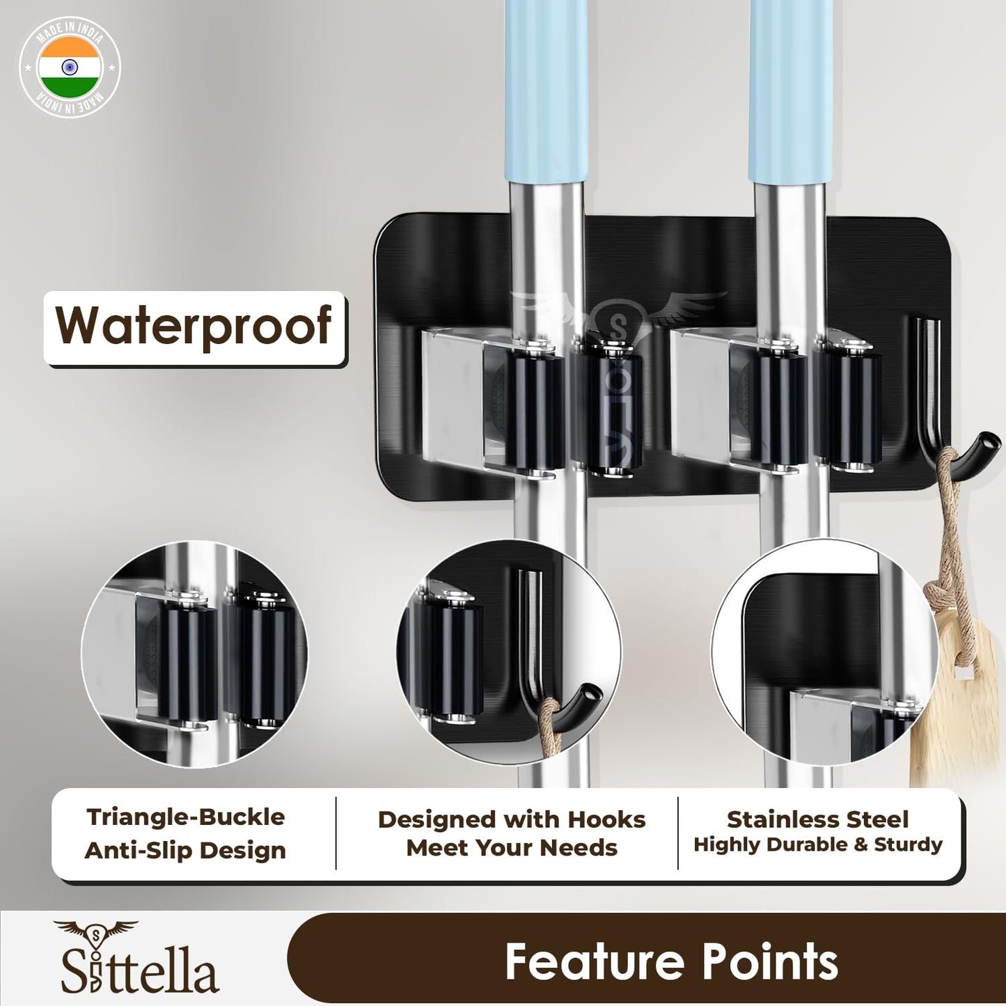 Self Adhesive Stainless Steel 2 Racks with 1 Hook Heavy Duty Wall Mounted Broom and Mop Stick Holder, for Home Kitchen Garden Laundry Garage (Black)