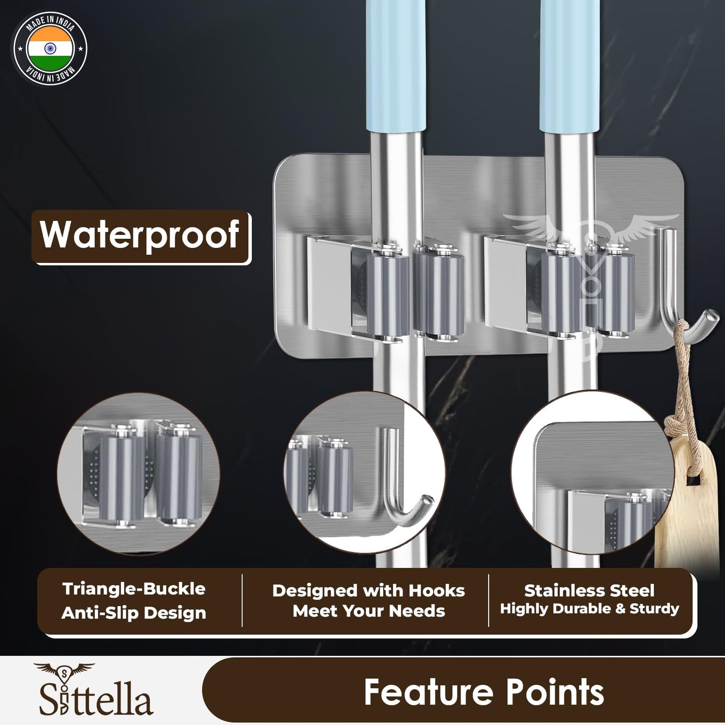 Self Adhesive Stainless Steel 2 Racks with 1 Hook Heavy Duty Wall Mounted Broom and Mop Stick Holder, for Home Kitchen Garden Laundry Garage (Silver)