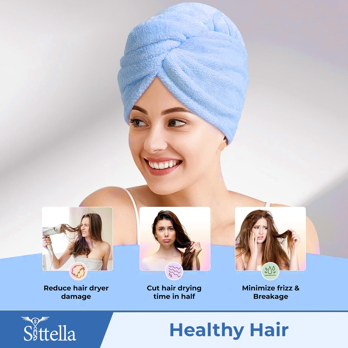Quick Drying Microfiber Hair Towel Wrap for Women, Super Absorbent with Elastic Loop (Sky Blue)