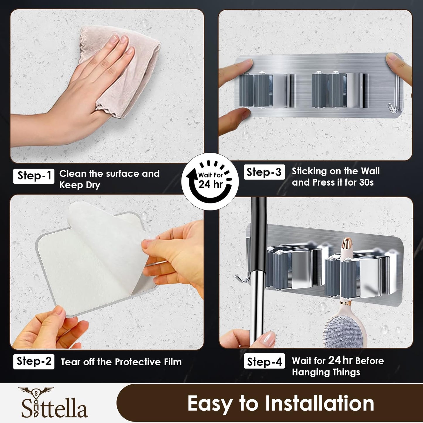 Self Adhesive Stainless Steel 2 Racks with 1 Hook Heavy Duty Wall Mounted Broom and Mop Stick Holder, for Home Kitchen Garden Laundry Garage (Silver)