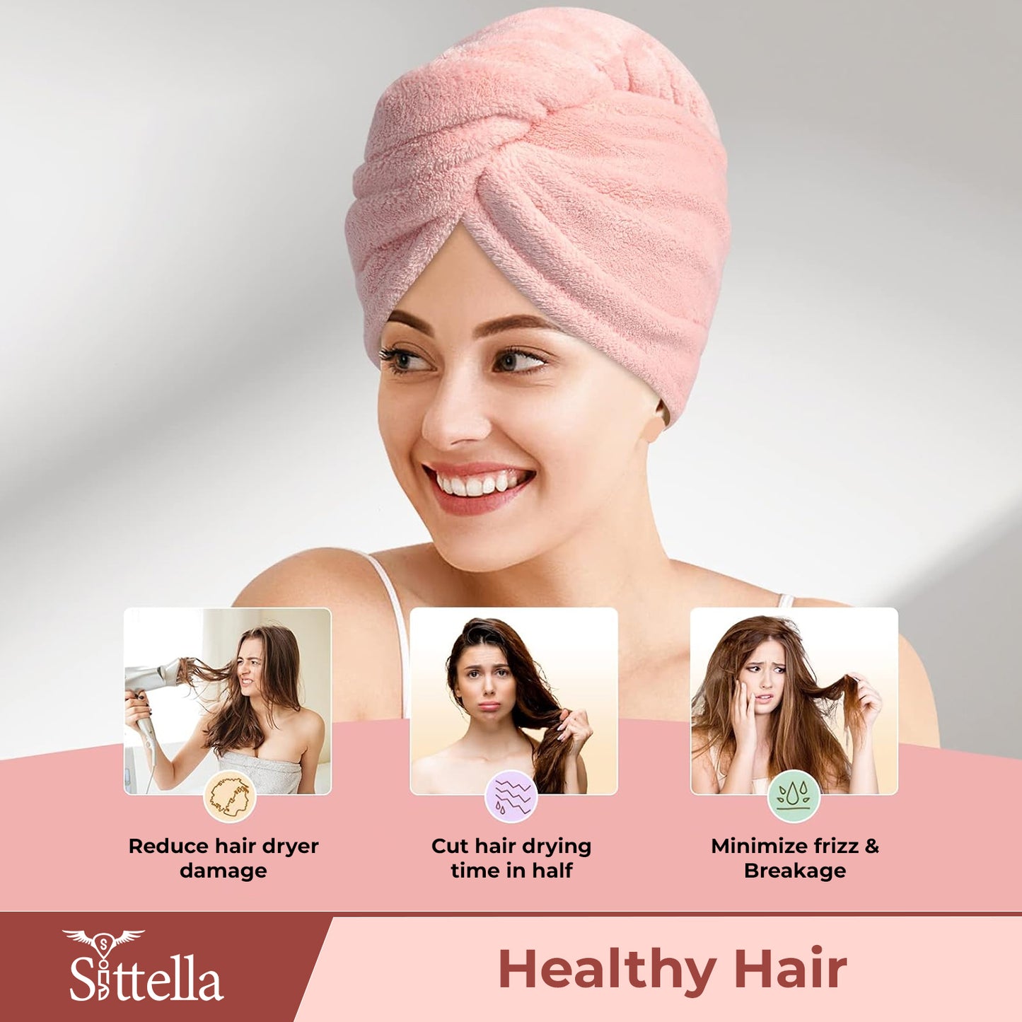 Quick Drying Microfiber Hair Towel Wrap for Women, Super Absorbent with Elastic Loop (Pink)