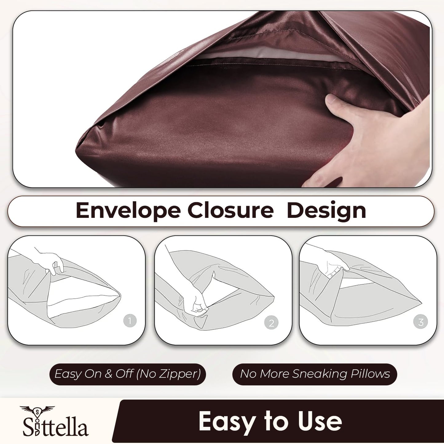Satin Silk Pillow Covers with 3 Free Scrunchies - Soft & Smooth for Hair & Skin (Brown)