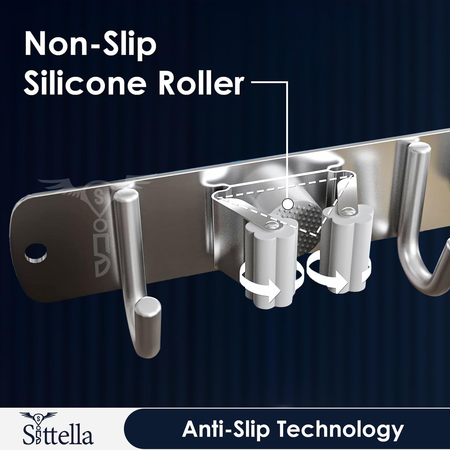 tainless Steel 4 Racks with 5 Hooks Wall Mounted Broom and Mop Stick Holder, Hanging Tools for Home Kitchen Garden Laundry Garage (Silver)