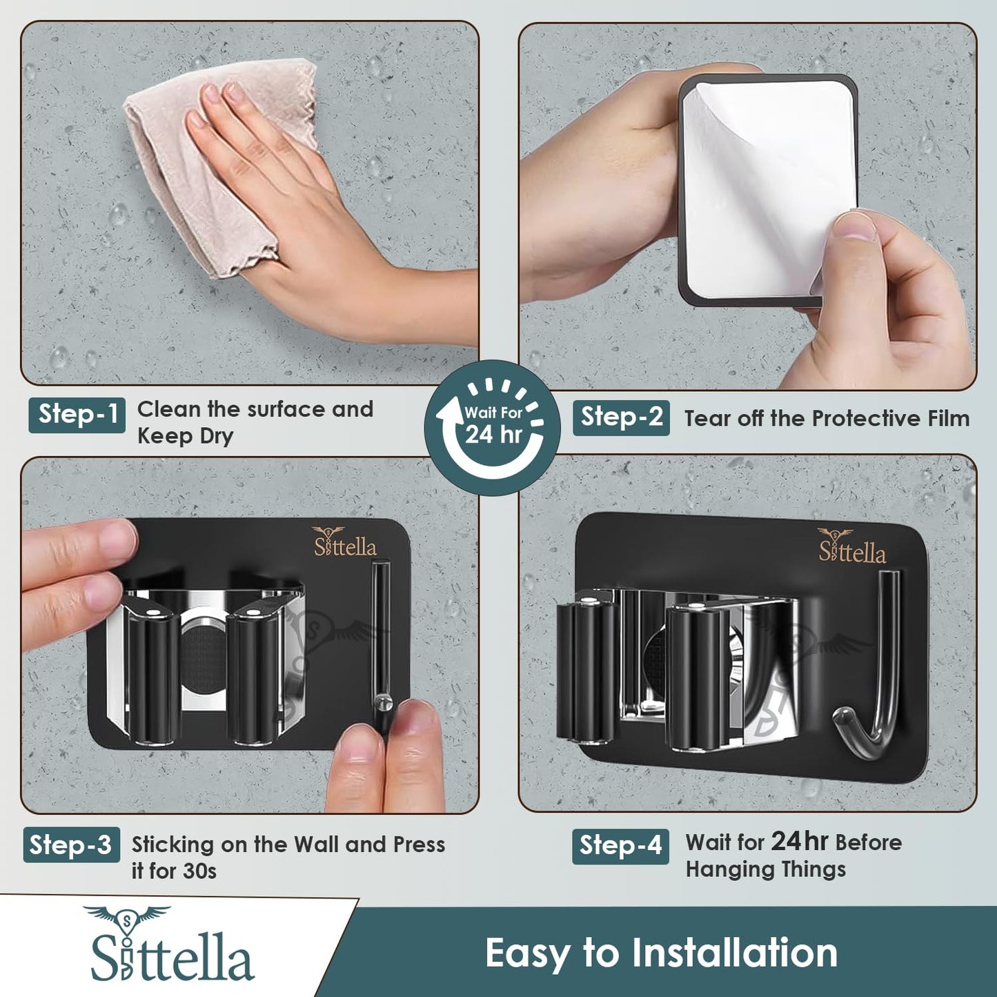 Stainless Steel 1 Rack with 1 Hook Heavy Duty Wall Mounted Broom and Mop Stick Holder, Hanging Tools for Home Kitchen Garden Laundry Garage (Black)