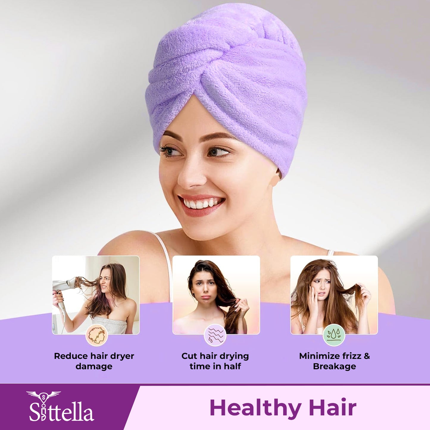 Quick Drying Microfiber Hair Towel Wrap for Women, Super Absorbent with Elastic Loop (Purple)