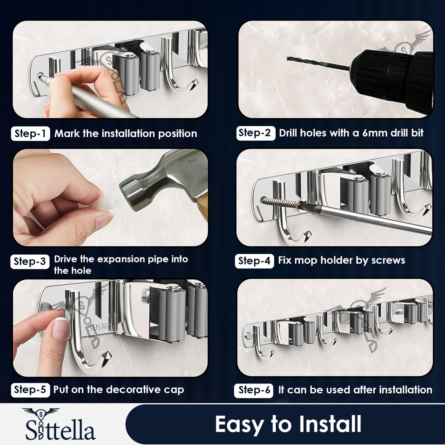 Stainless Steel 3 Racks with 4 Hooks Wall Mounted Broom and Mop Stick Holder, Hanging Tools for Home Kitchen Garden Laundry Garage (Silver)