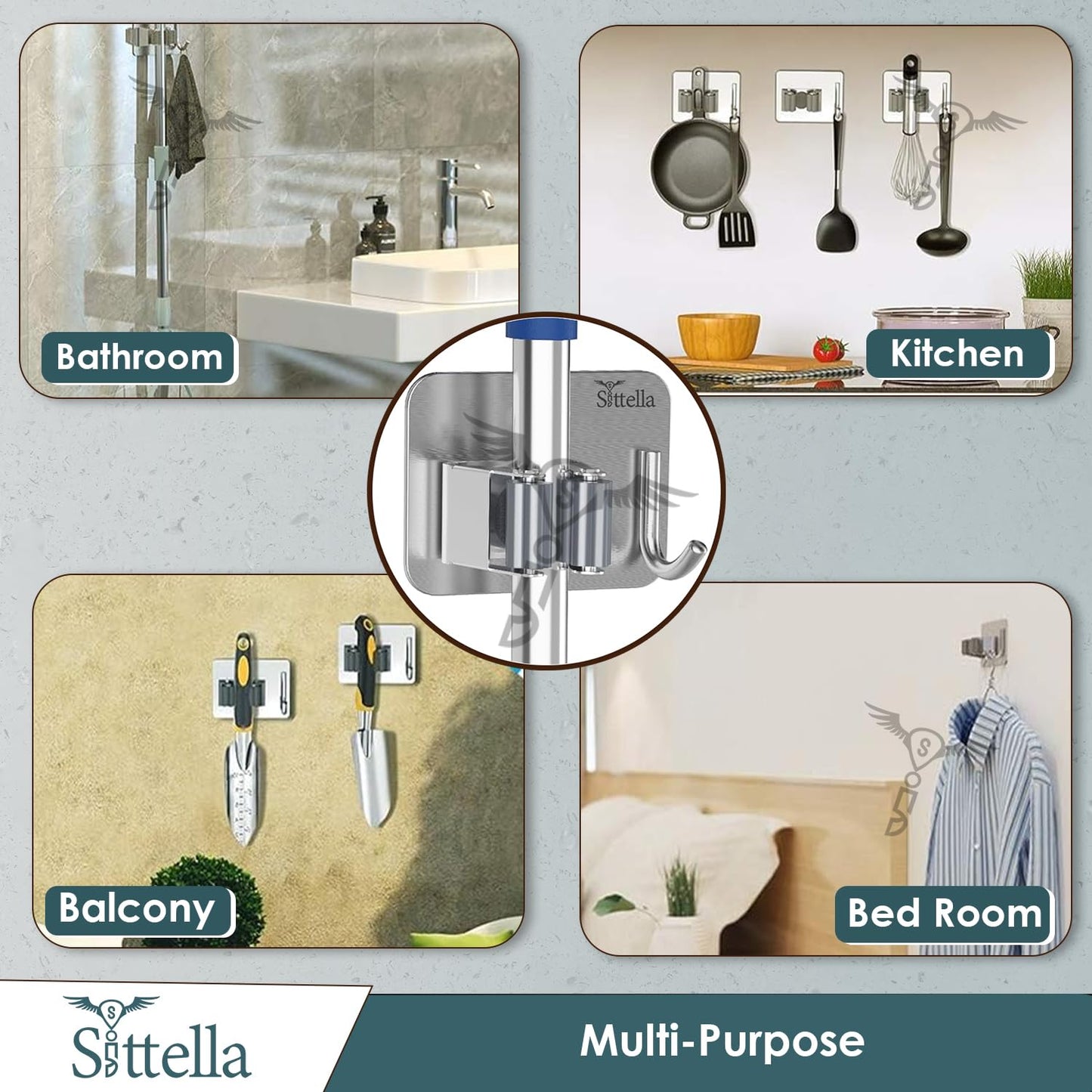 Stainless Steel 1 Rack with 1 Hook Heavy Duty Wall Mounted Broom and Mop Stick Holder, Hanging Tools for Home Kitchen Garden Laundry Garage (Silver)