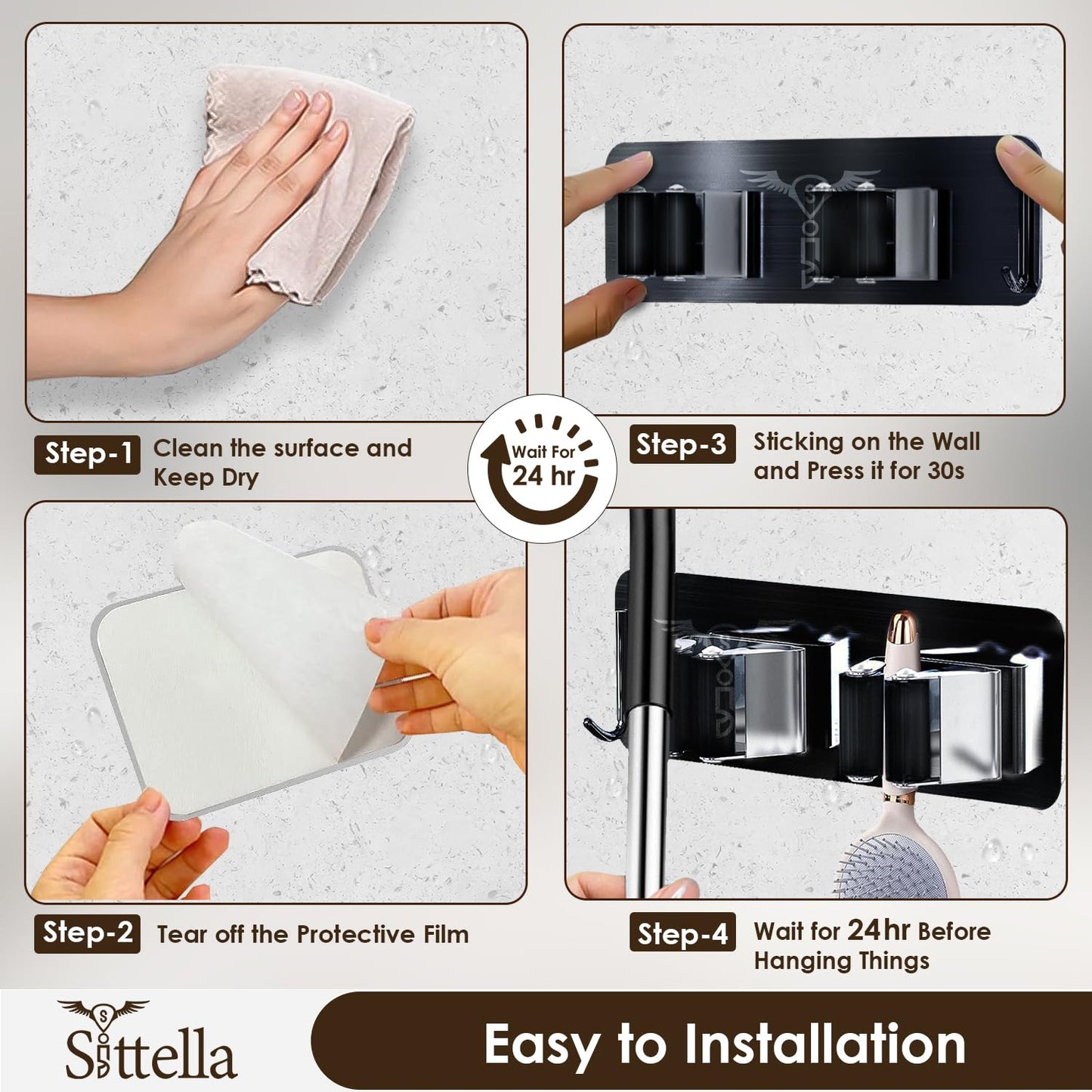 Self Adhesive Stainless Steel 2 Racks with 1 Hook Heavy Duty Wall Mounted Broom and Mop Stick Holder, for Home Kitchen Garden Laundry Garage (Black)