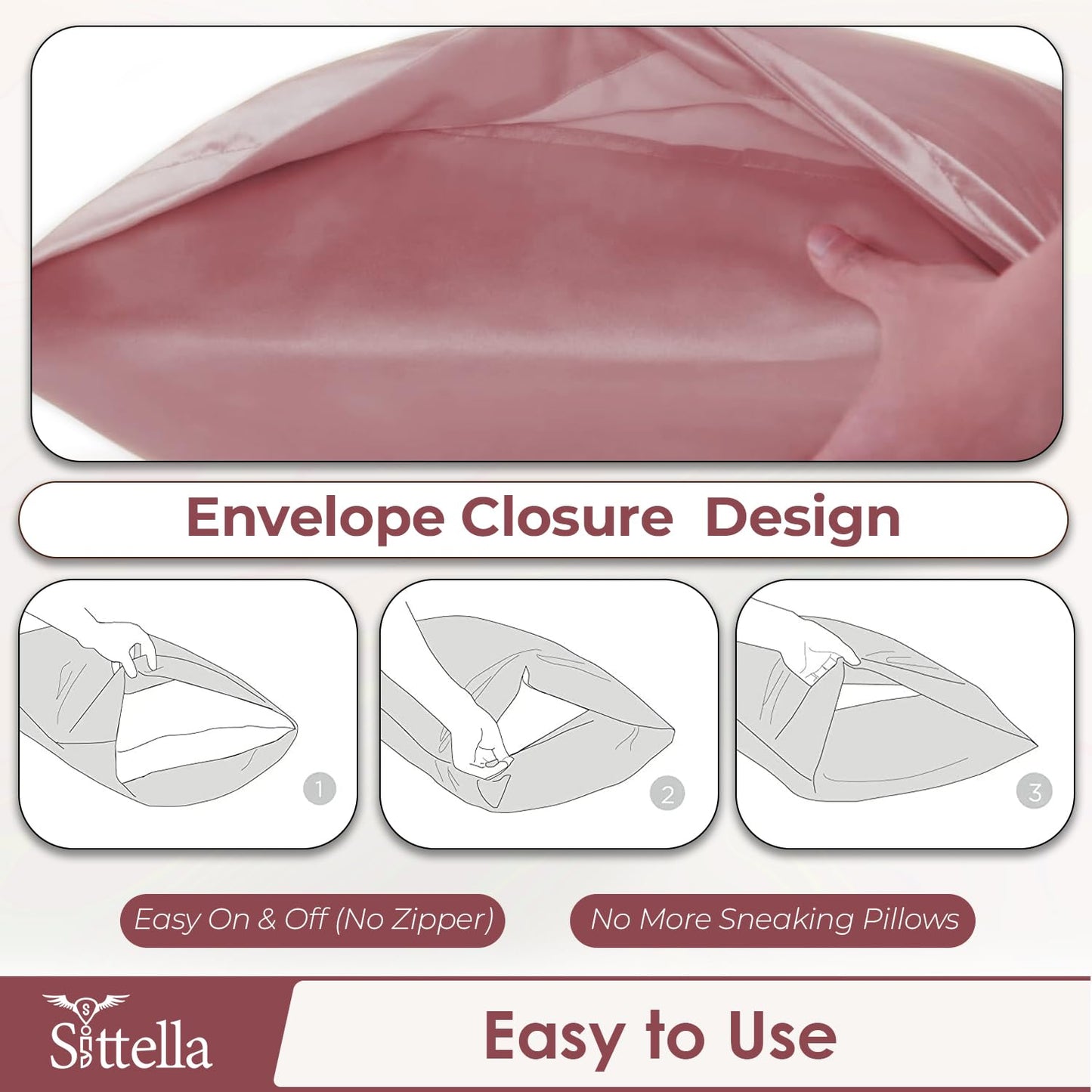 Satin Silk Pillow Covers with 3 Free Scrunchies - Soft & Smooth for Hair & Skin (Rose Pink)