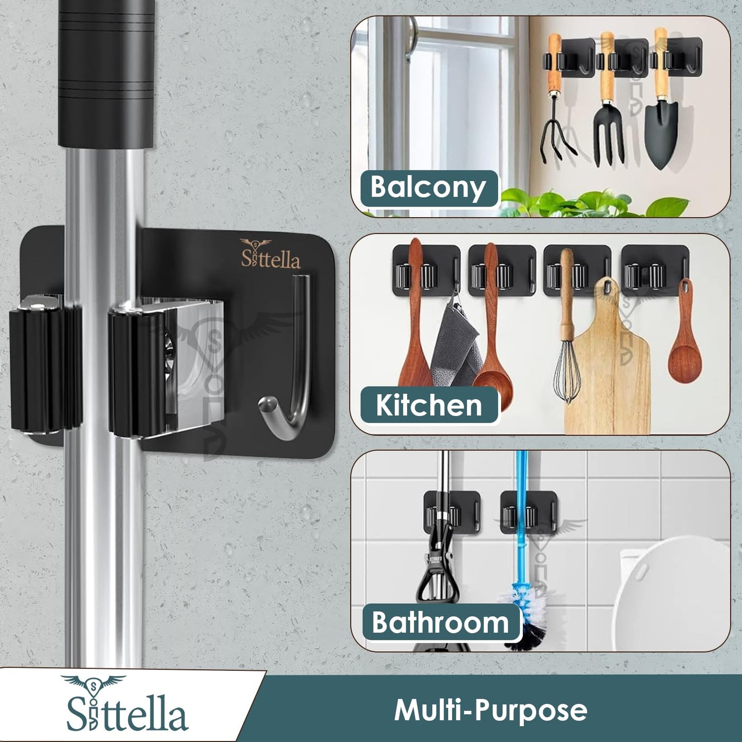 Stainless Steel 1 Rack with 1 Hook Heavy Duty Wall Mounted Broom and Mop Stick Holder, Hanging Tools for Home Kitchen Garden Laundry Garage (Black)