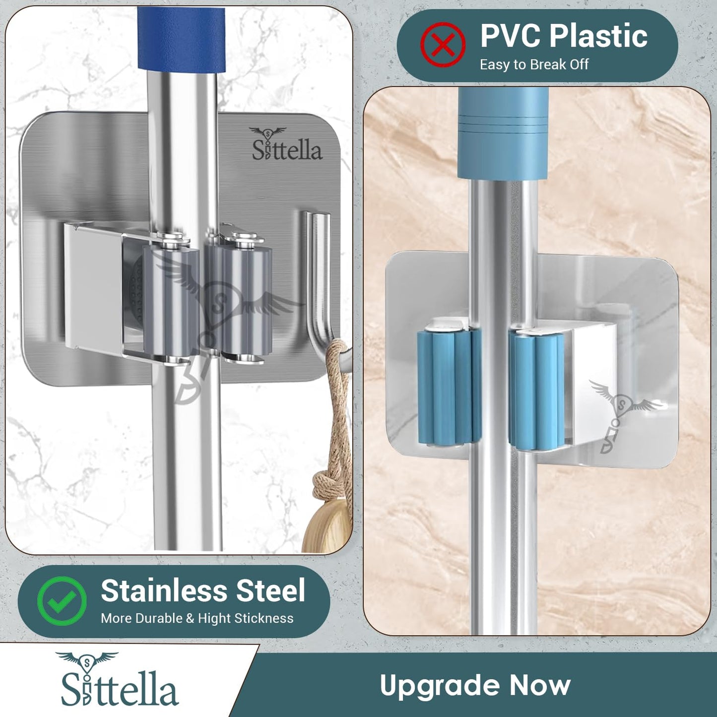 Stainless Steel 1 Rack with 1 Hook Heavy Duty Wall Mounted Broom and Mop Stick Holder, Hanging Tools for Home Kitchen Garden Laundry Garage (Silver)