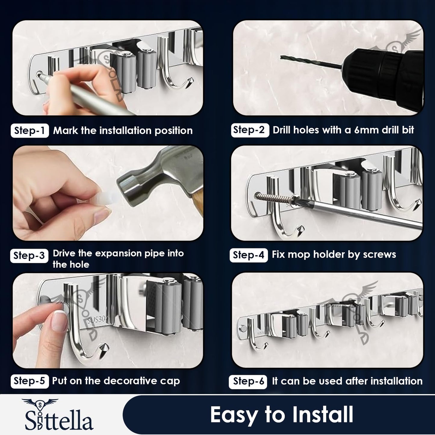 tainless Steel 4 Racks with 5 Hooks Wall Mounted Broom and Mop Stick Holder, Hanging Tools for Home Kitchen Garden Laundry Garage (Silver)