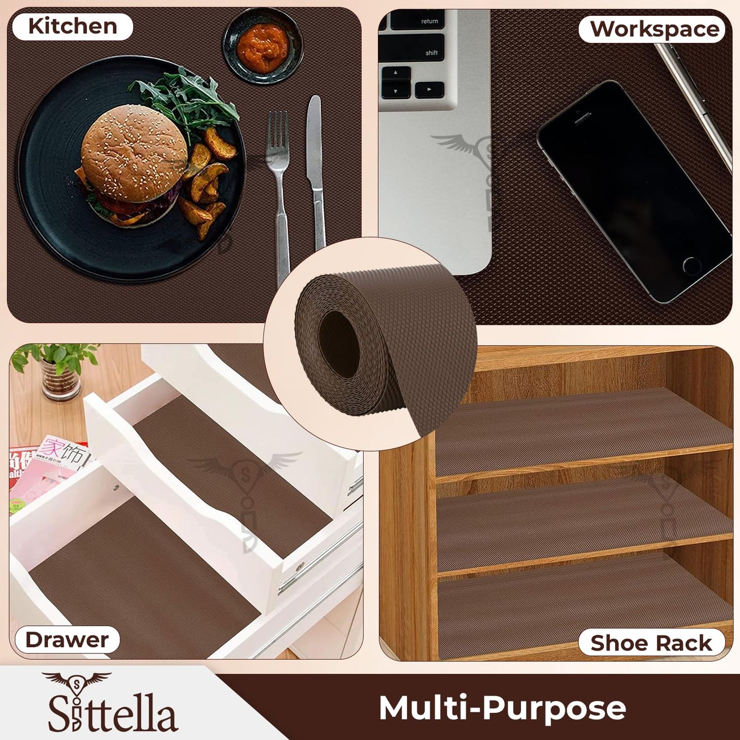 Drawer Mat Multi-Purpose EVA Non-Slip Waterproof Kitchen & Bathroom Shelf Liner (Coffee)
