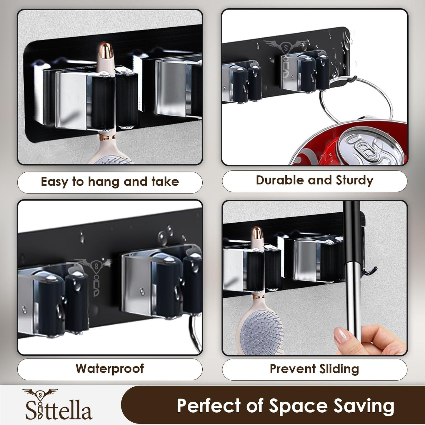 Self Adhesive Stainless Steel 2 Racks with 1 Hook Heavy Duty Wall Mounted Broom and Mop Stick Holder, for Home Kitchen Garden Laundry Garage (Black)