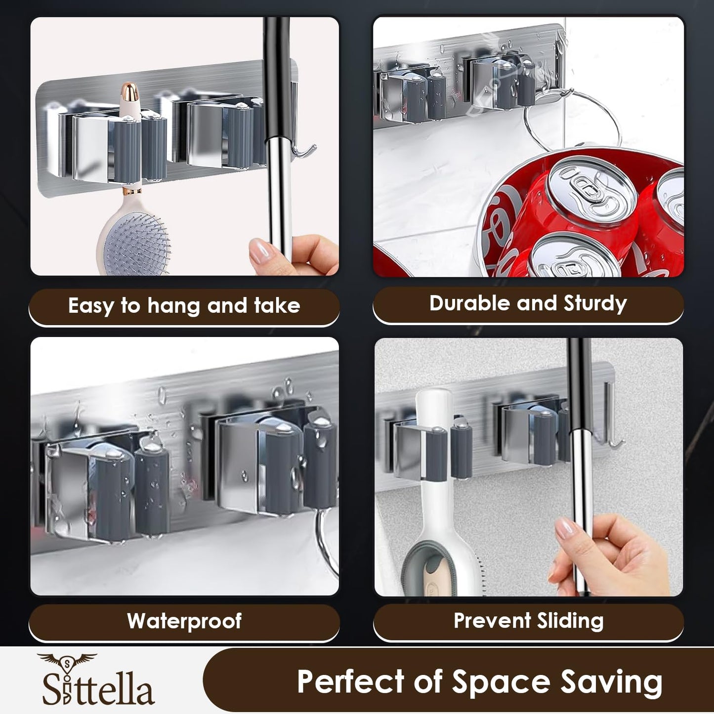 Self Adhesive Stainless Steel 2 Racks with 1 Hook Heavy Duty Wall Mounted Broom and Mop Stick Holder, for Home Kitchen Garden Laundry Garage (Silver)