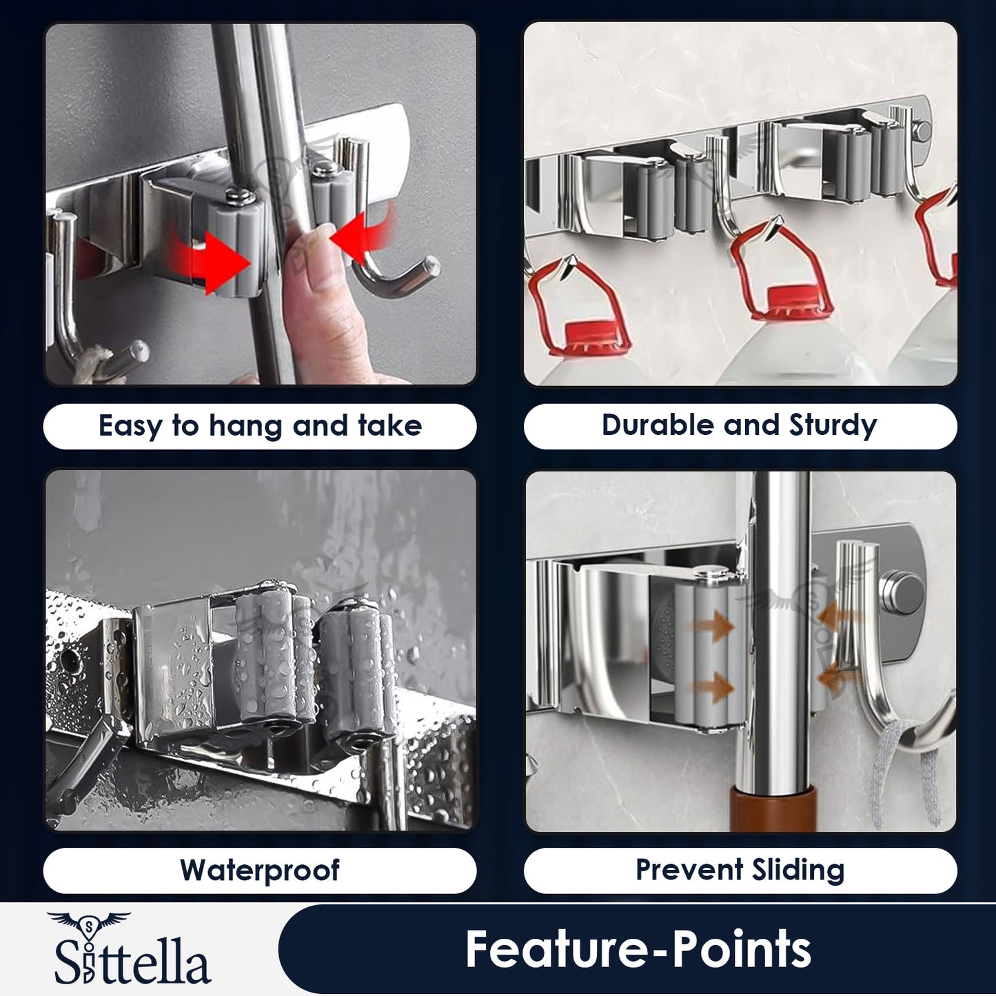 Stainless Steel 3 Racks with 4 Hooks Wall Mounted Broom and Mop Stick Holder, Hanging Tools for Home Kitchen Garden Laundry Garage (Silver)