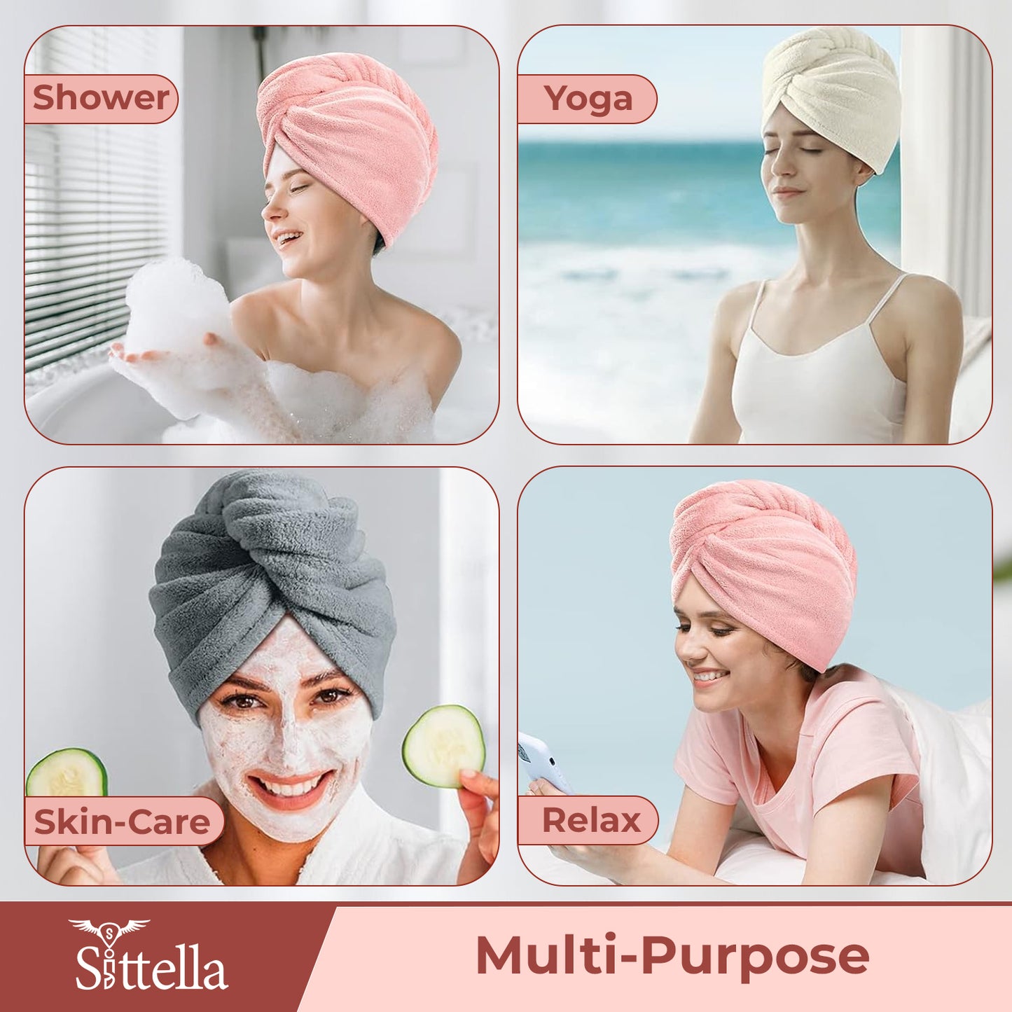 Quick Drying Microfiber Hair Towel Wrap for Women, Super Absorbent with Elastic Loop (Pink)