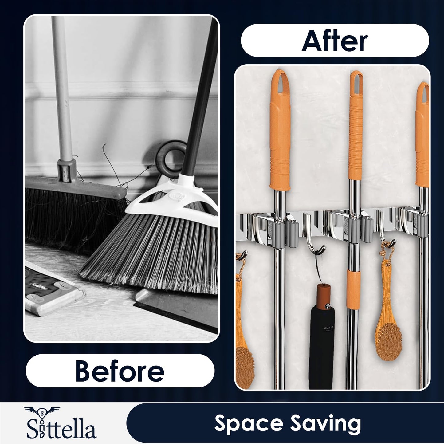 tainless Steel 4 Racks with 5 Hooks Wall Mounted Broom and Mop Stick Holder, Hanging Tools for Home Kitchen Garden Laundry Garage (Silver)