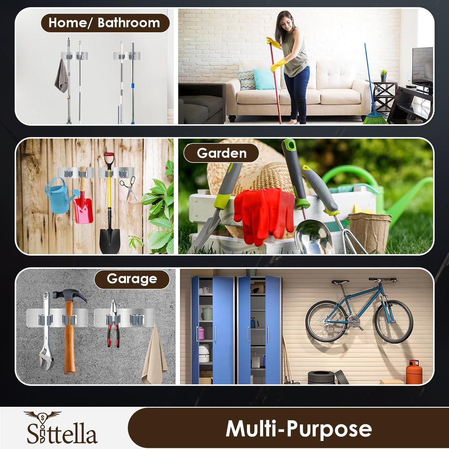 Self Adhesive Stainless Steel 2 Racks with 1 Hook Heavy Duty Wall Mounted Broom and Mop Stick Holder, for Home Kitchen Garden Laundry Garage (Silver)