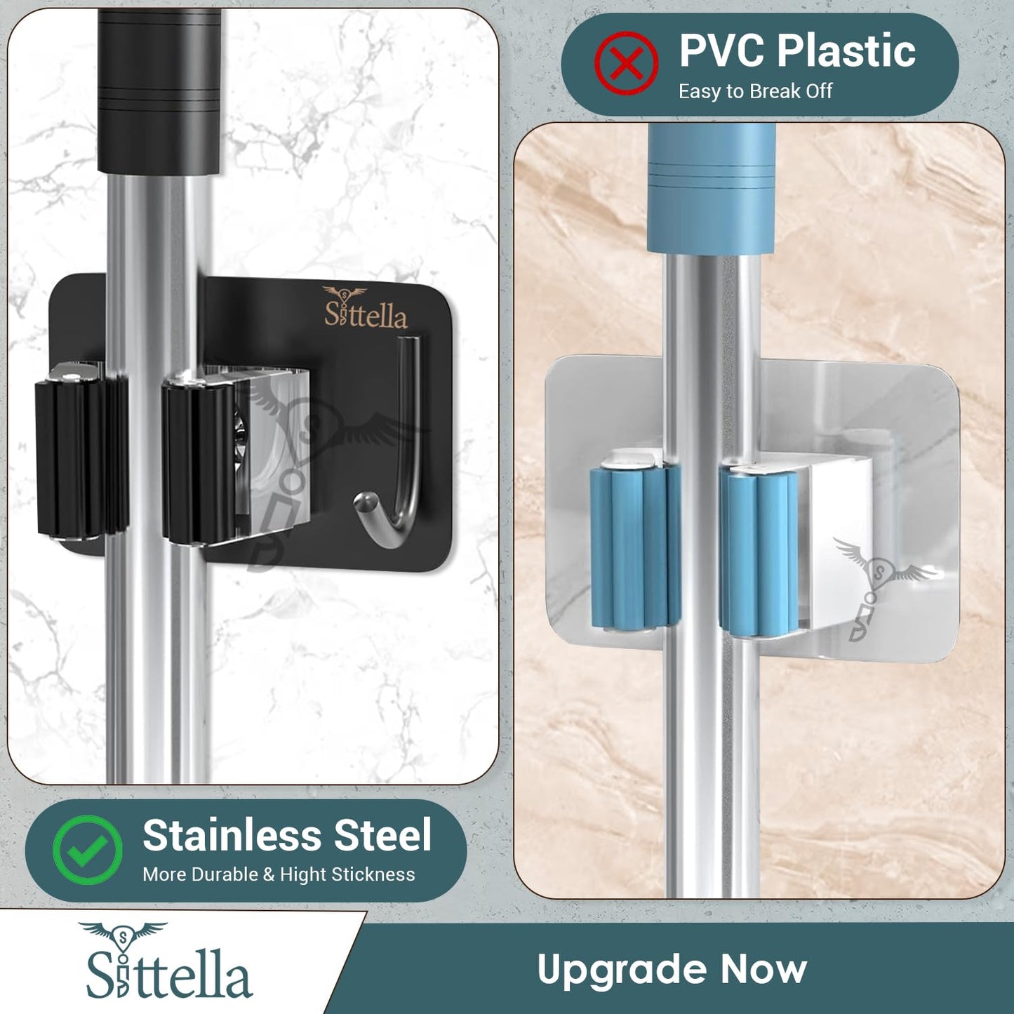 Stainless Steel 1 Rack with 1 Hook Heavy Duty Wall Mounted Broom and Mop Stick Holder, Hanging Tools for Home Kitchen Garden Laundry Garage (Black)